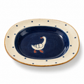 Goose ceramic oval deep plate with navy center, cream wide rim, and blue dots