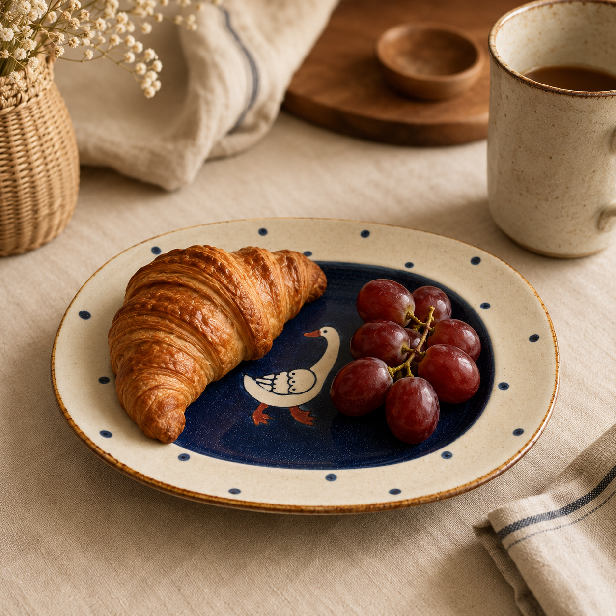 Goose ceramic plate served with croissant and red grapes in a cozy breakfast setting