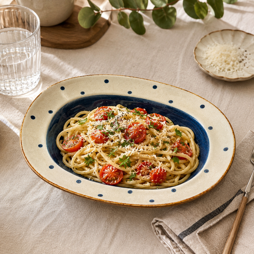 Goose ceramic oval deep plate served with pasta, cherry tomatoes, herbs, and cheese