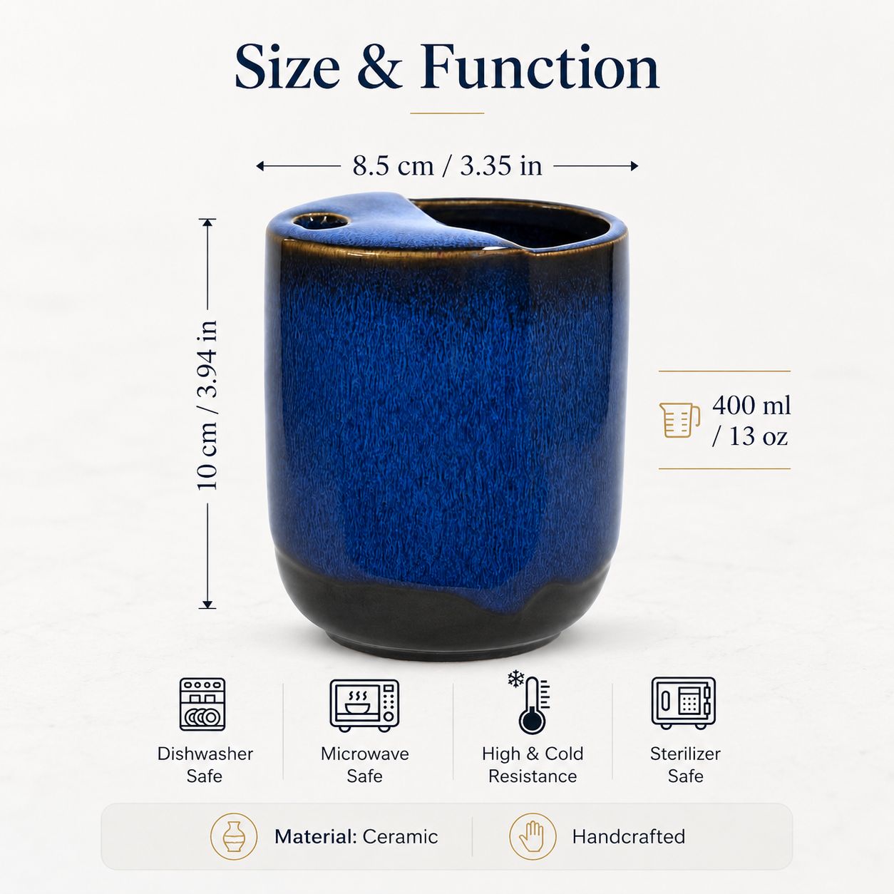 Blue ceramic mug shown with 400 ml capacity, 10 cm height, and 8.5 cm width