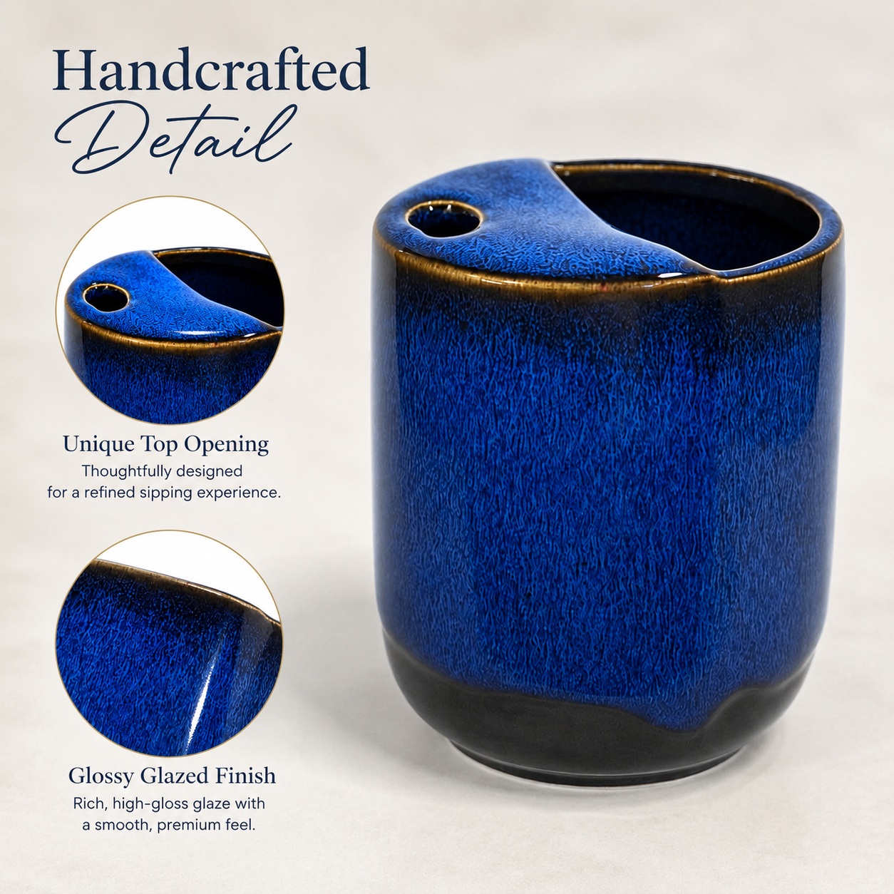 Close-up of blue ceramic mug showing unique top opening and glossy glazed finish