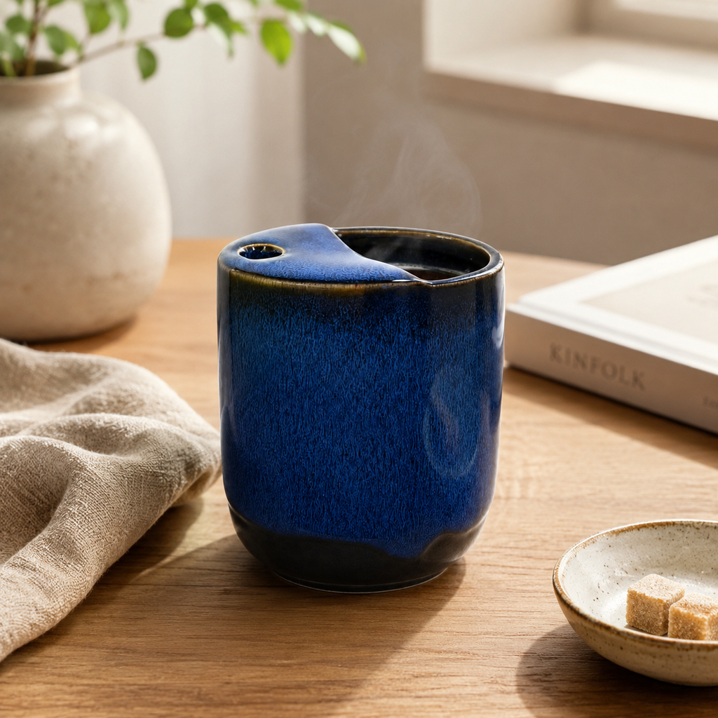 Blue ceramic mug with a hot drink displayed on a warm wooden tabletop