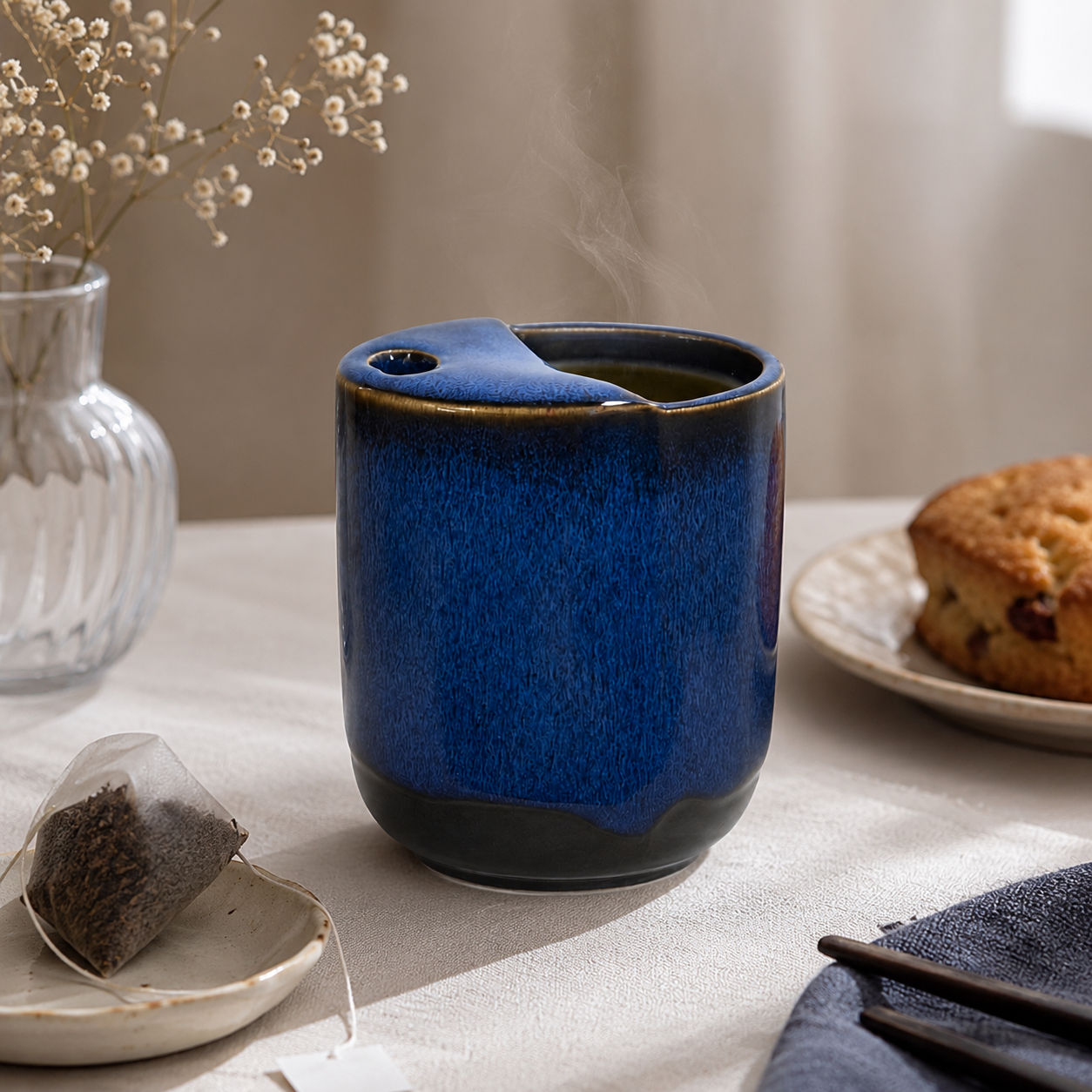 Blue ceramic mug with hot tea in a soft neutral tabletop setting
