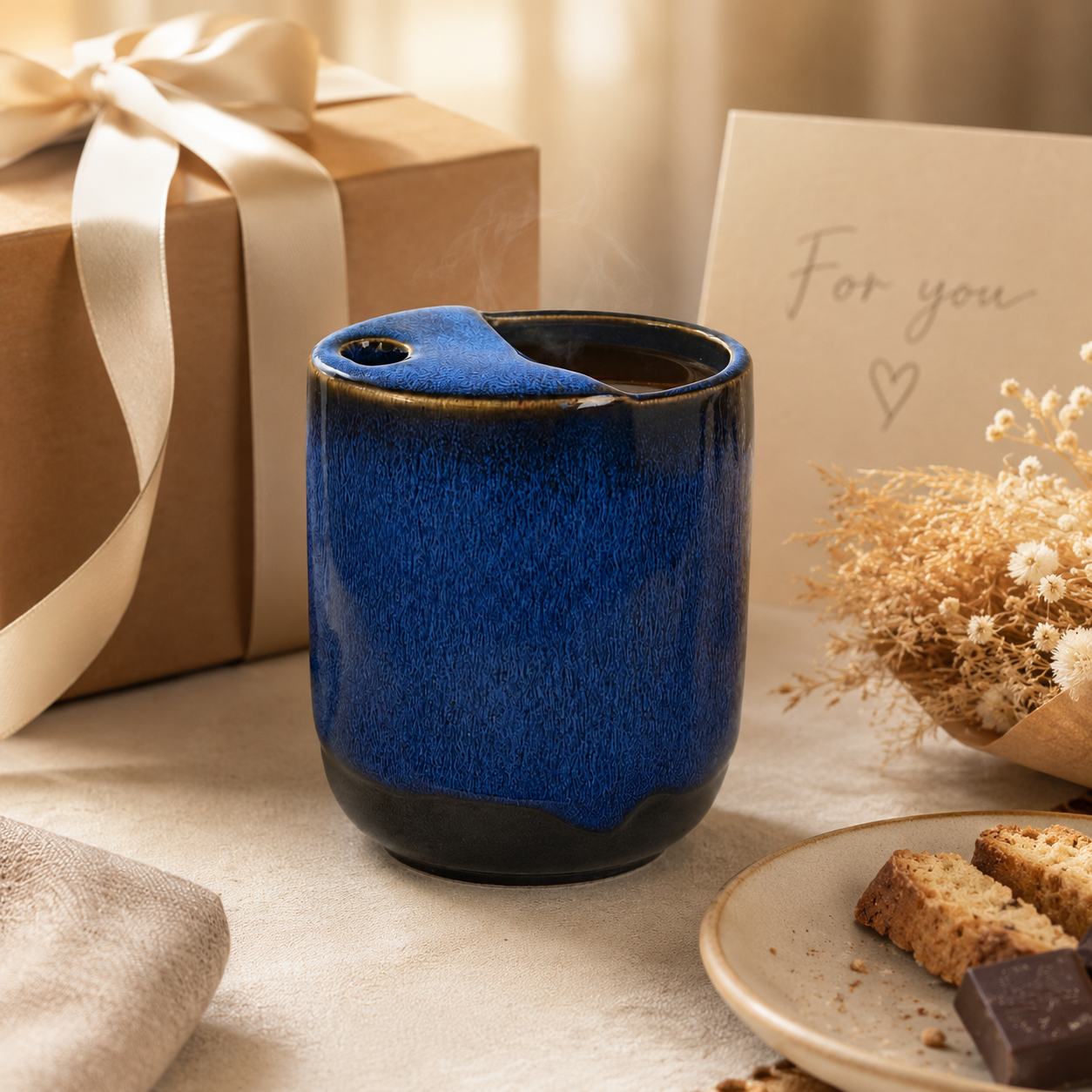 Blue ceramic mug displayed with a gift box, card, flowers, and dessert