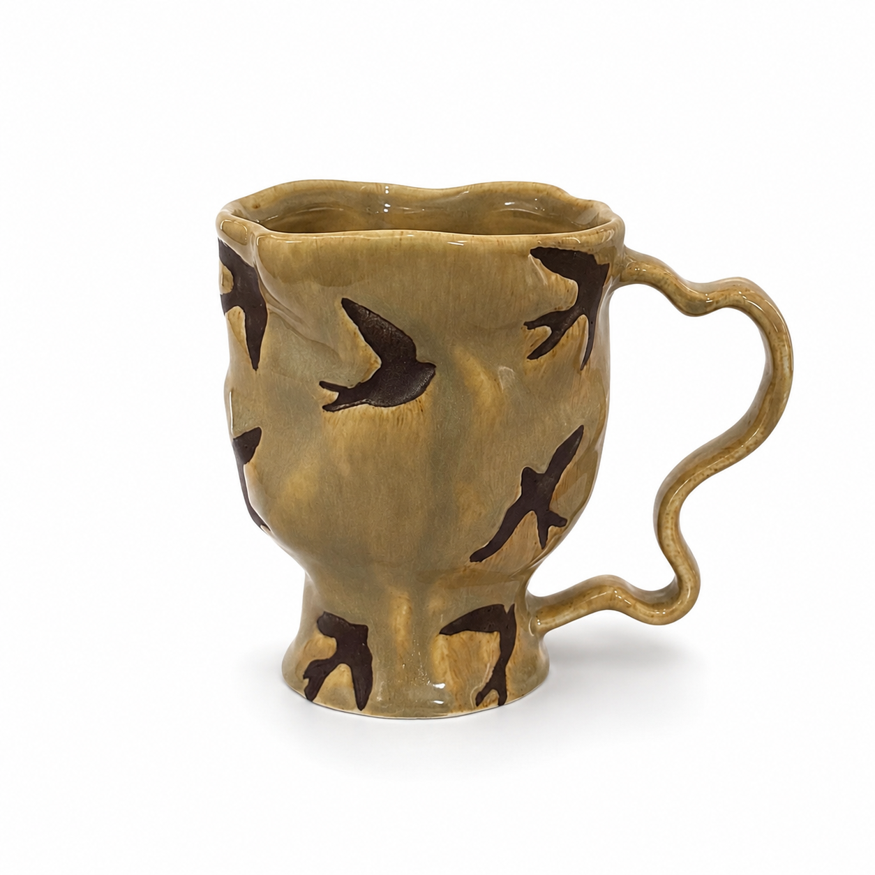 Handmade bird ceramic mug with olive-brown glaze, wavy rim, and sculptural handle