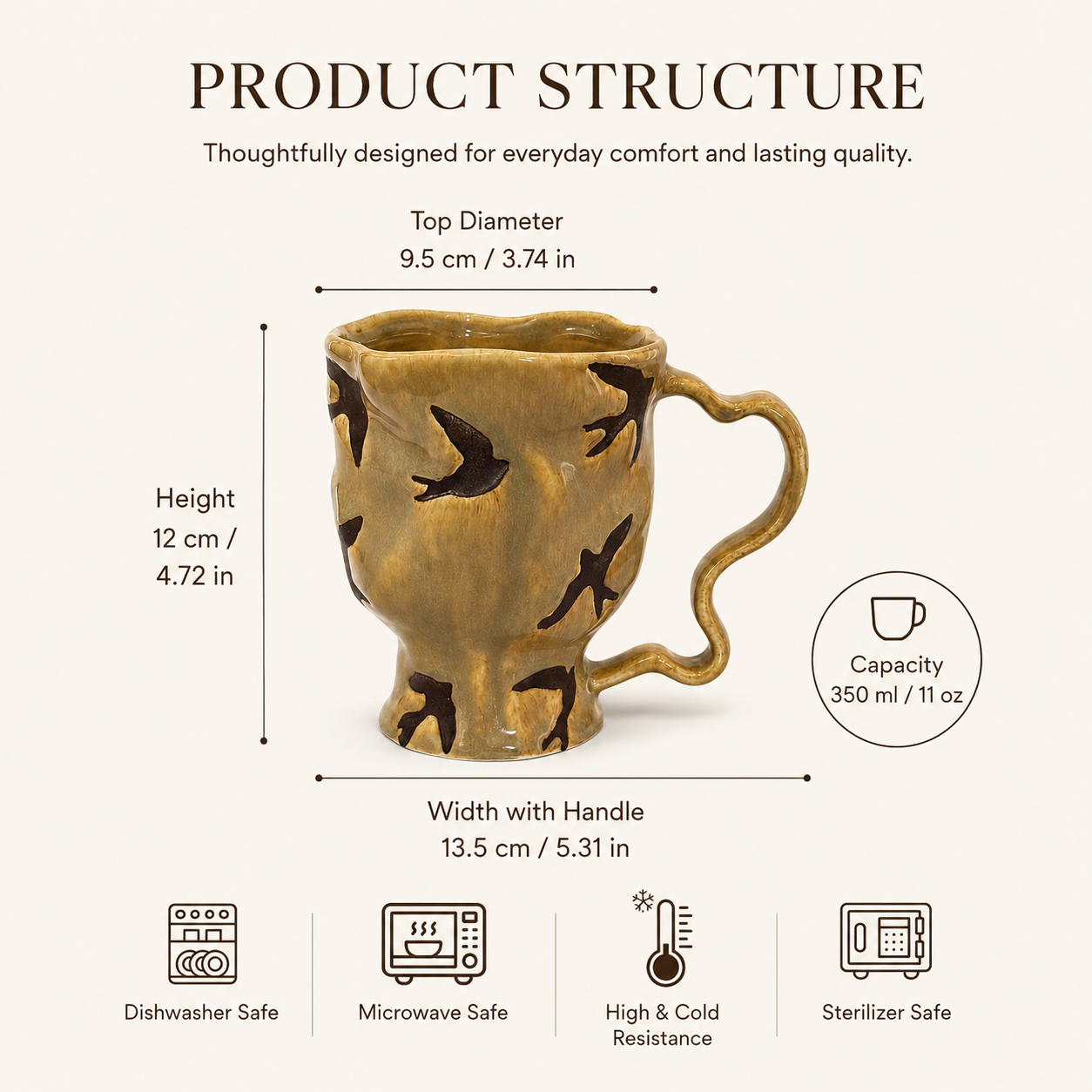 Bird ceramic mug shown with 350 ml capacity, 12 cm height, and size details