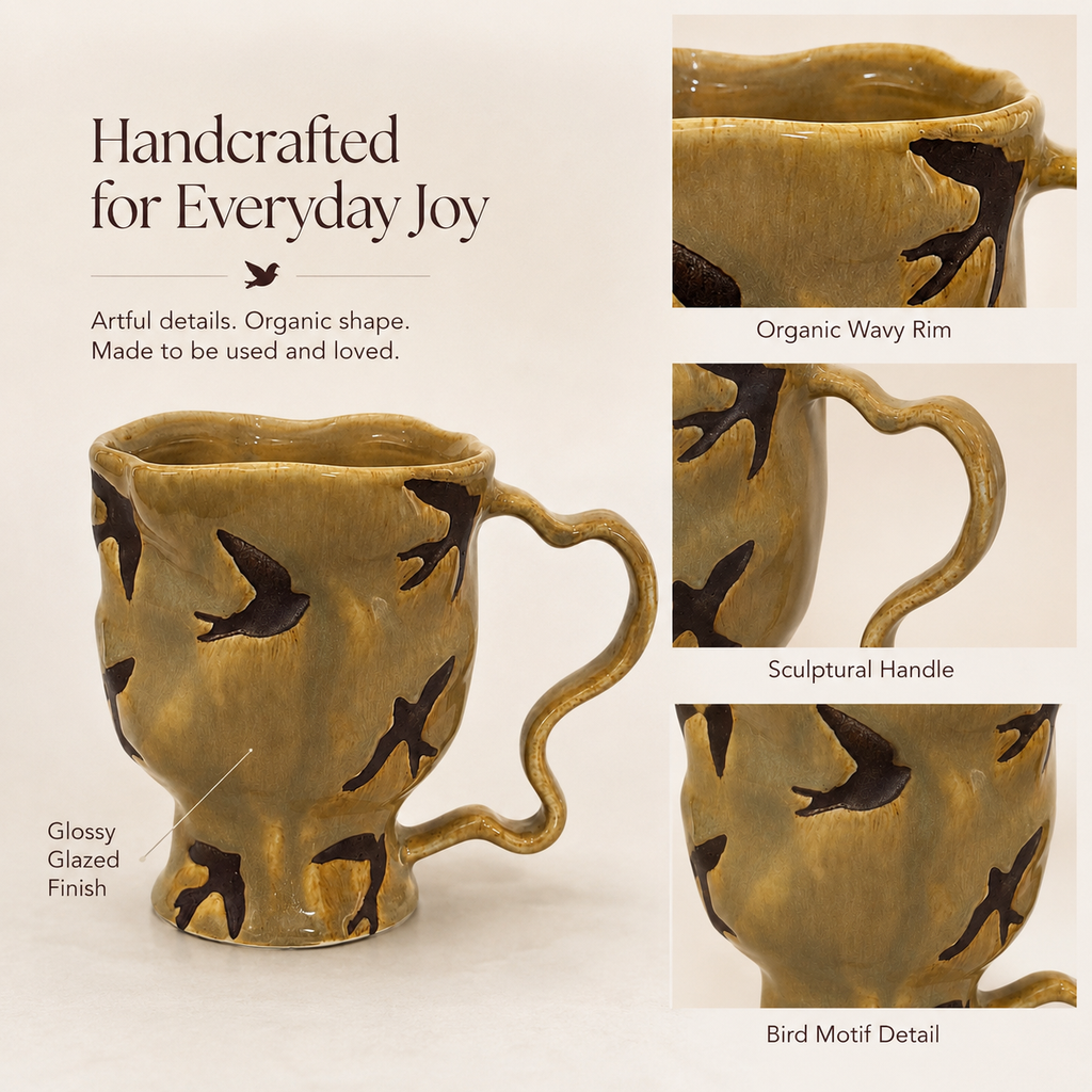Close-up of bird ceramic mug with flying bird motifs, wavy rim, and curved handle