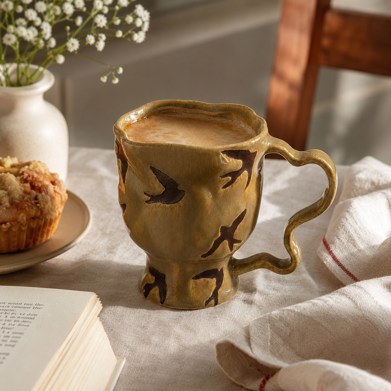 Bird ceramic mug filled with coffee beside a muffin and open book