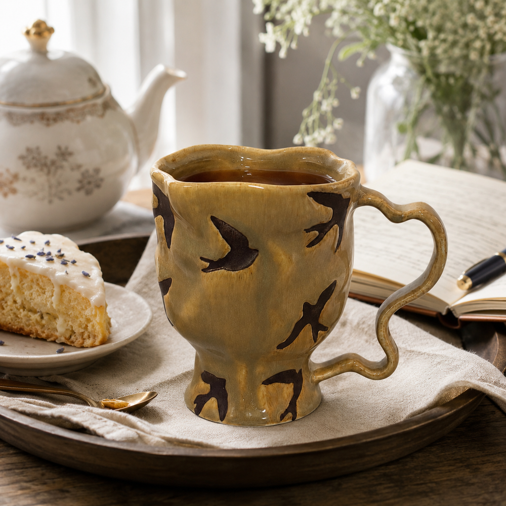 Bird ceramic mug filled with tea beside cake, flowers, and an open notebook