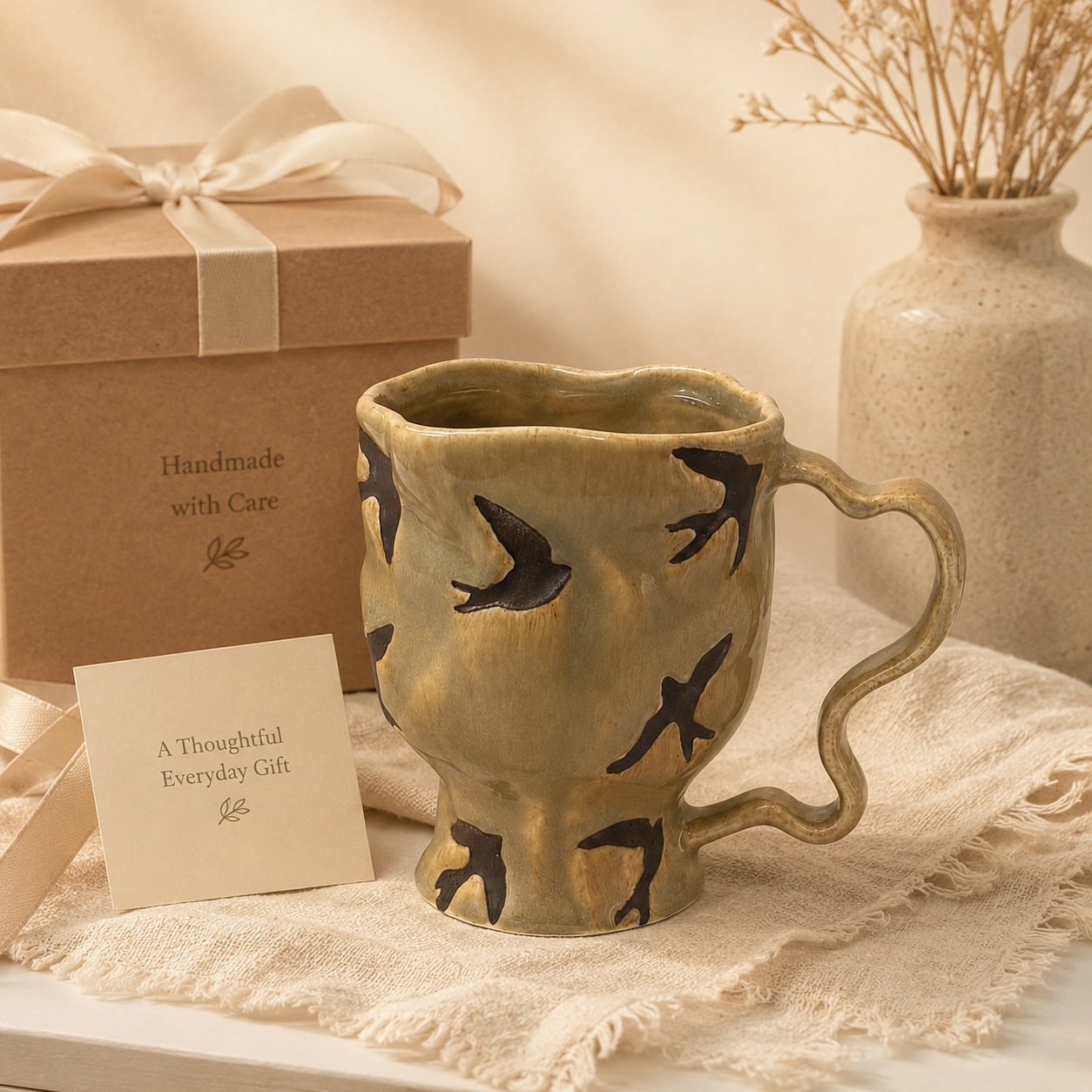 Bird ceramic mug displayed beside a wrapped gift in a warm neutral setting