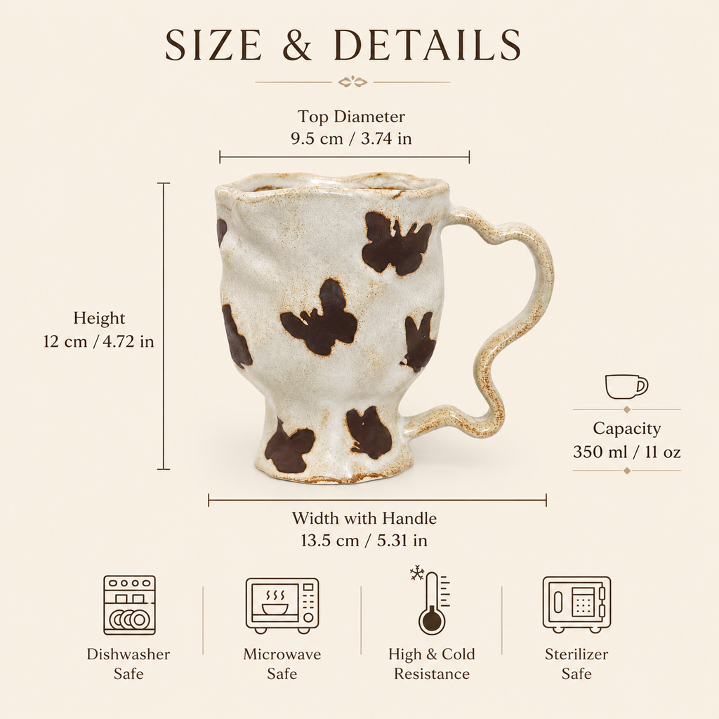 Butterfly ceramic mug shown with 350 ml capacity, 12 cm height, and size details