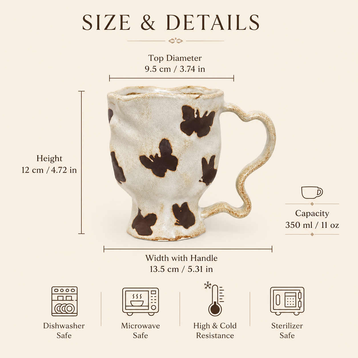 Butterfly ceramic mug shown with 350 ml capacity, 12 cm height, and size details