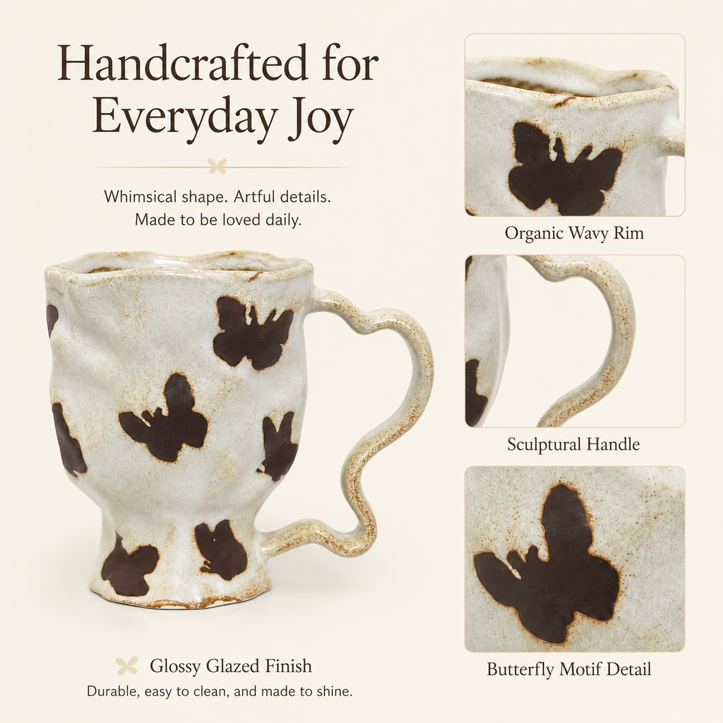 Close-up of butterfly ceramic mug with wavy rim, curved handle, and brown butterfly motifs