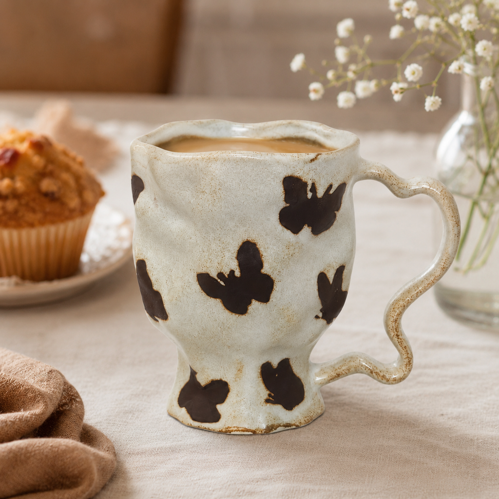 Butterfly ceramic mug filled with coffee beside a muffin and flowers