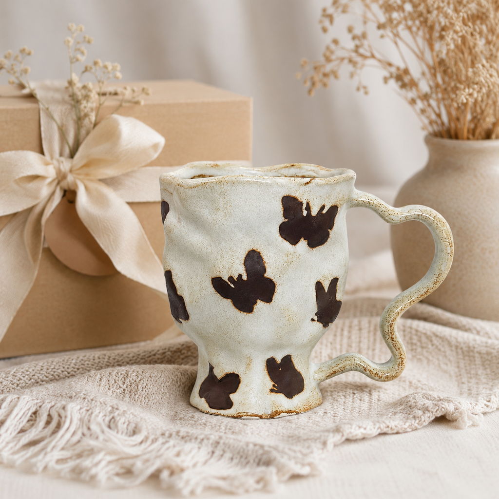 Butterfly ceramic mug displayed beside a wrapped gift in a warm neutral setting