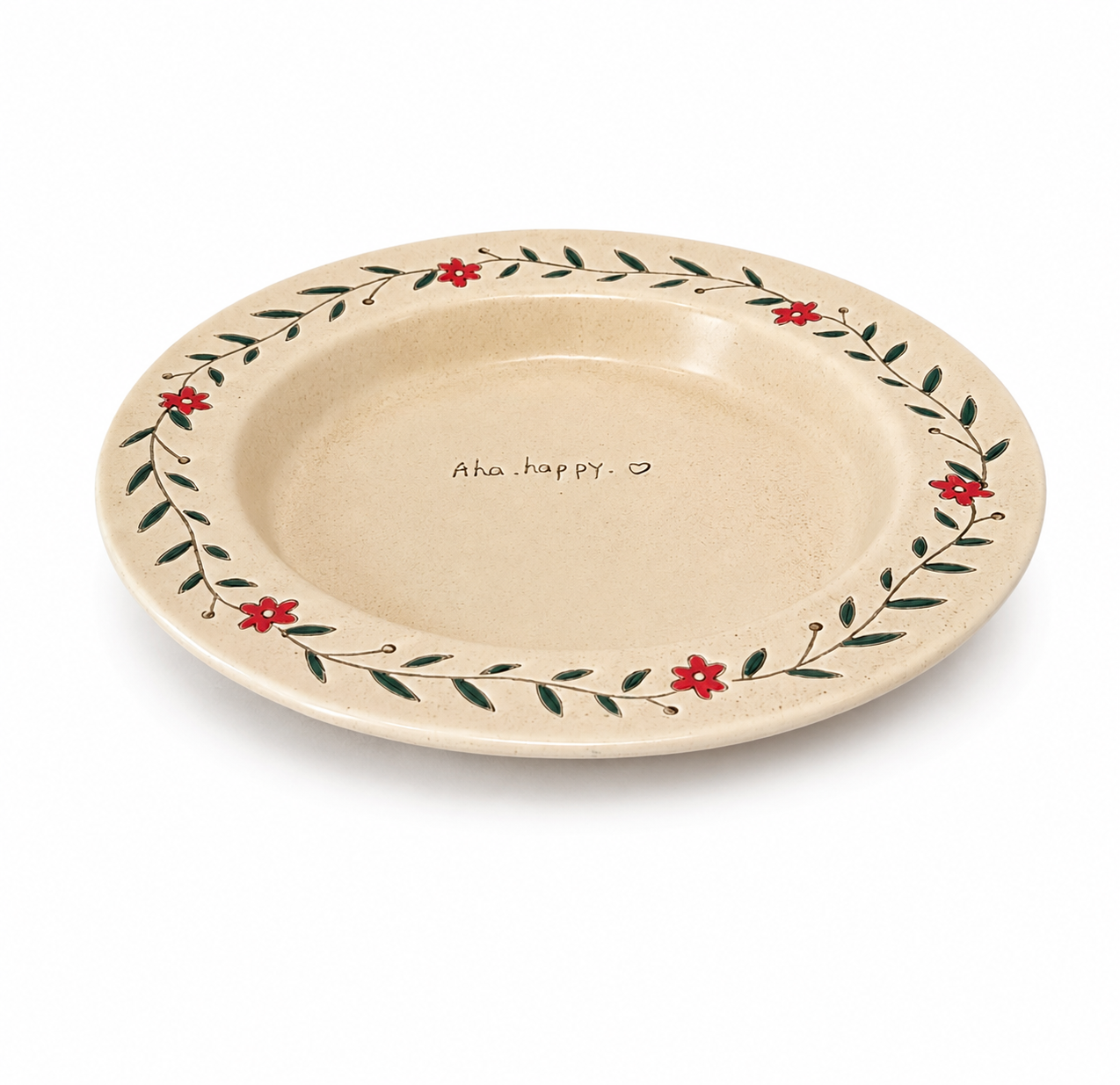 Hand-painted floral ceramic deep plate with red flowers, green leaves, and cream glaze