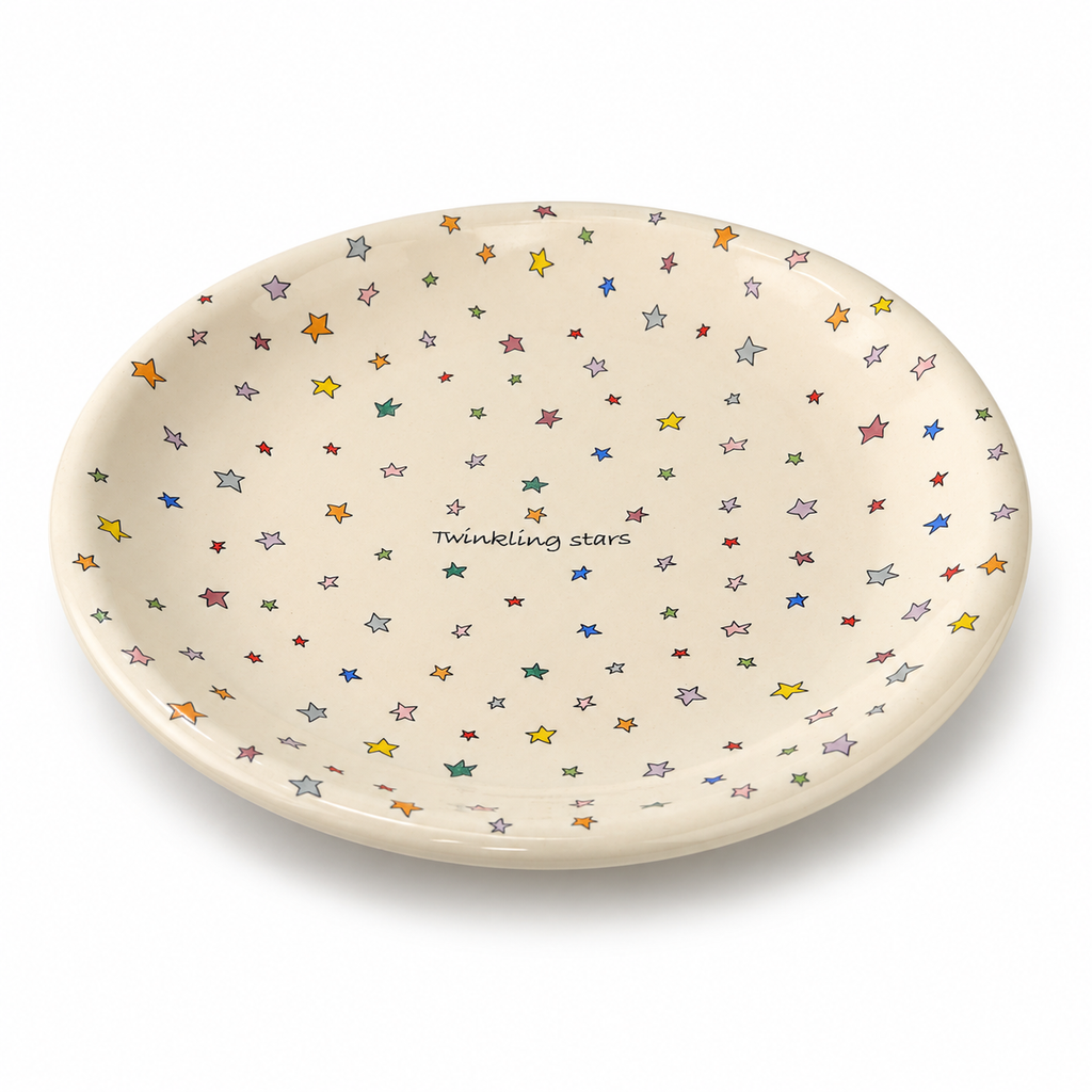 Twinkling Stars ceramic plate with colorful star pattern and ivory glaze