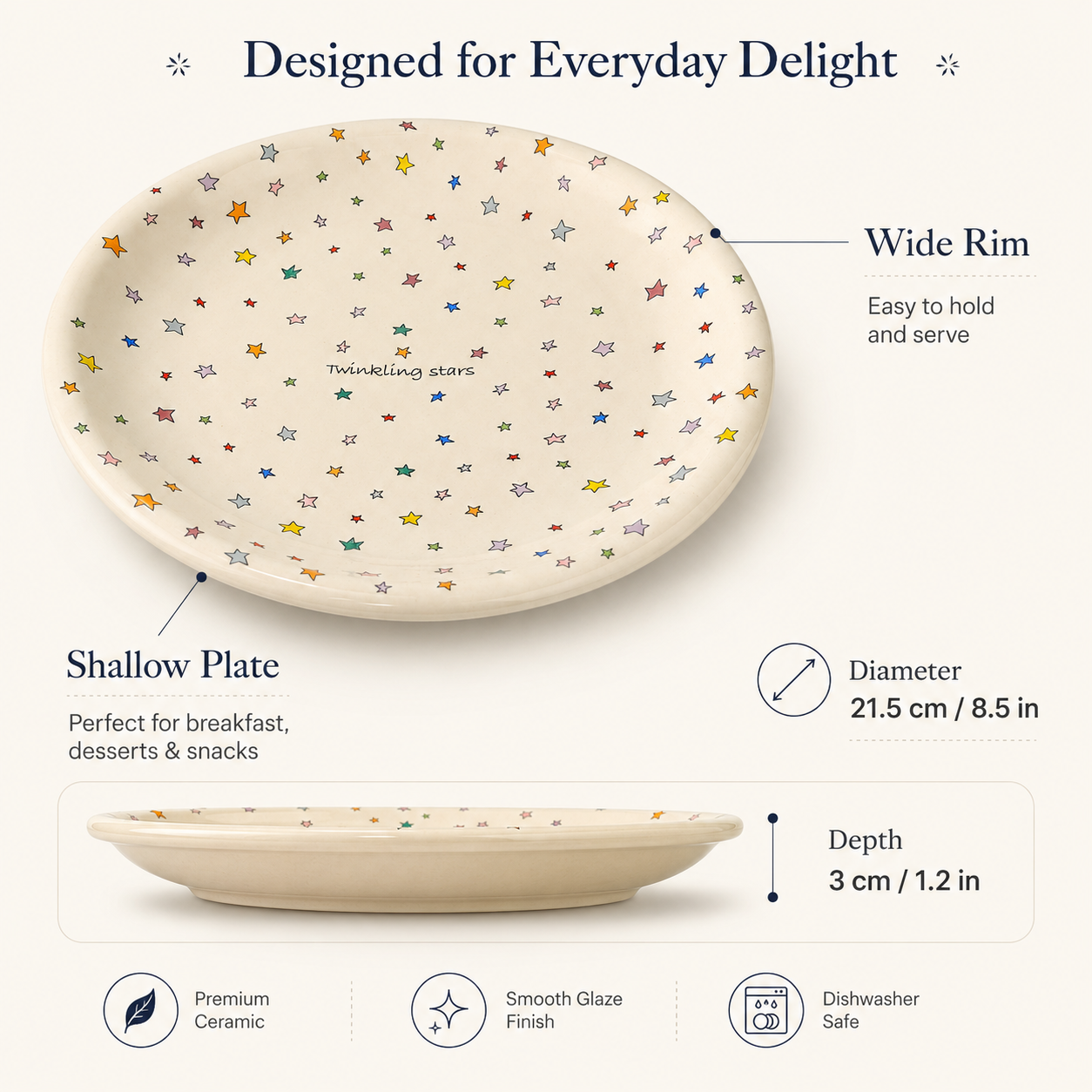 Twinkling Stars ceramic plate shown with 21.5 cm diameter, 3 cm depth, and wide rim