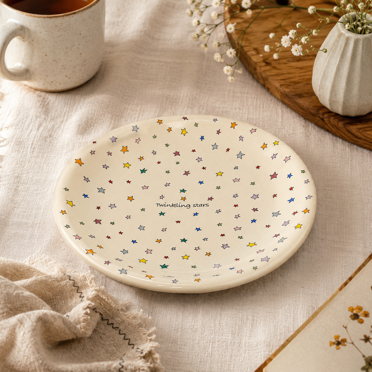 Twinkling Stars ceramic plate displayed in a warm neutral tabletop setting