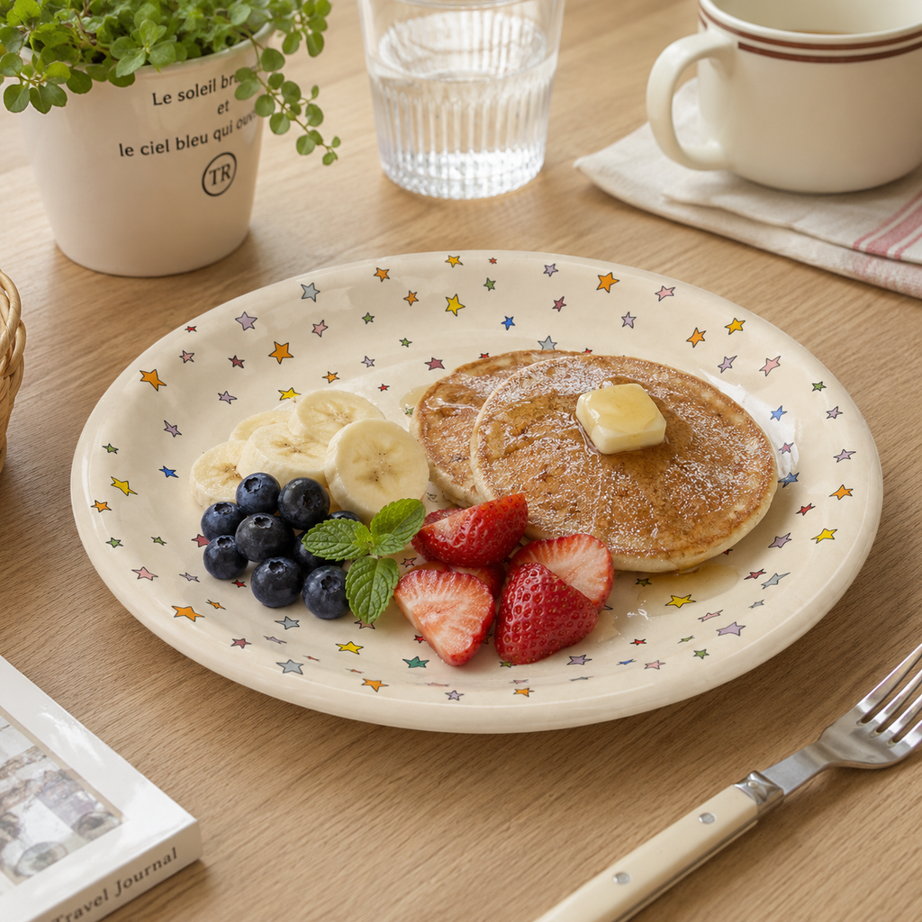 Twinkling Stars ceramic plate served with pancakes, banana, strawberries, and blueberries