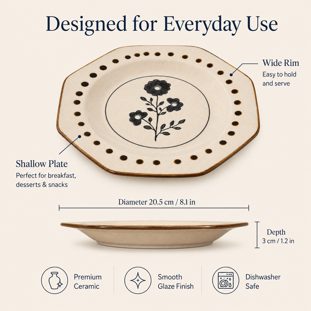 Black floral ceramic plate shown with 20.5 cm diameter, 3 cm depth, and wide rim