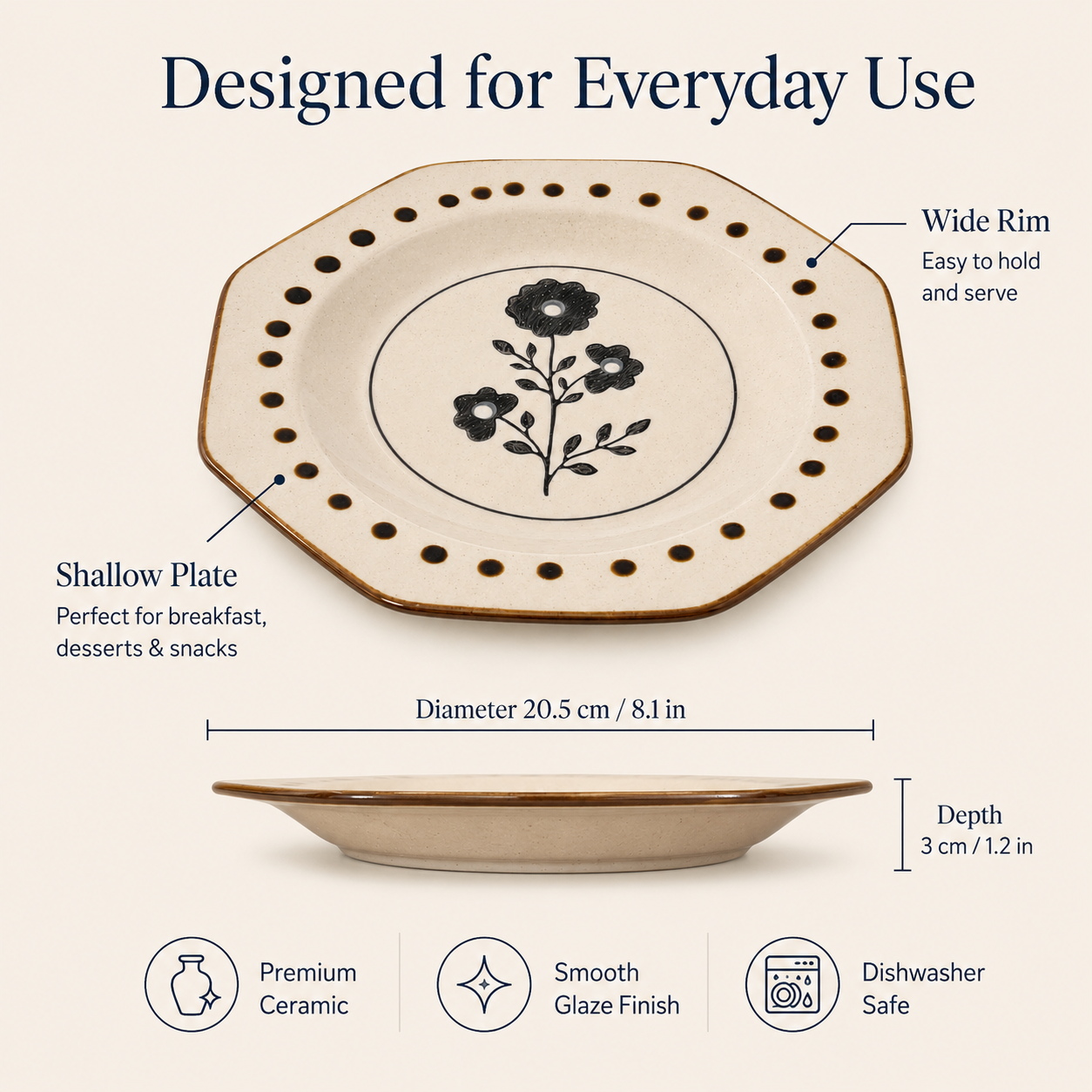 Black floral ceramic plate shown with 20.5 cm diameter, 3 cm depth, and wide rim
