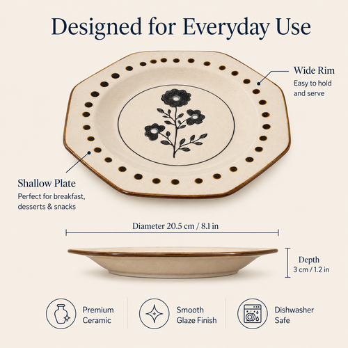 Black floral ceramic plate shown with 20.5 cm diameter, 3 cm depth, and wide rim