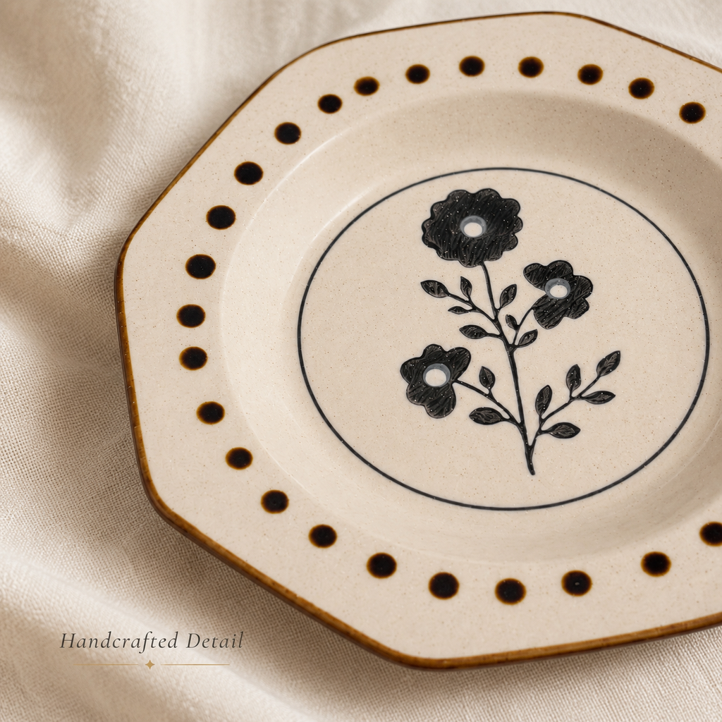 Close-up of black floral artwork, brown dots, and glazed finish on ceramic plate