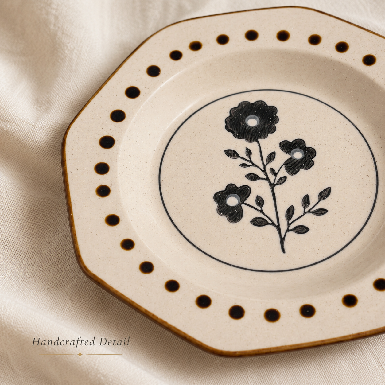 Close-up of black floral artwork, brown dots, and glazed finish on ceramic plate