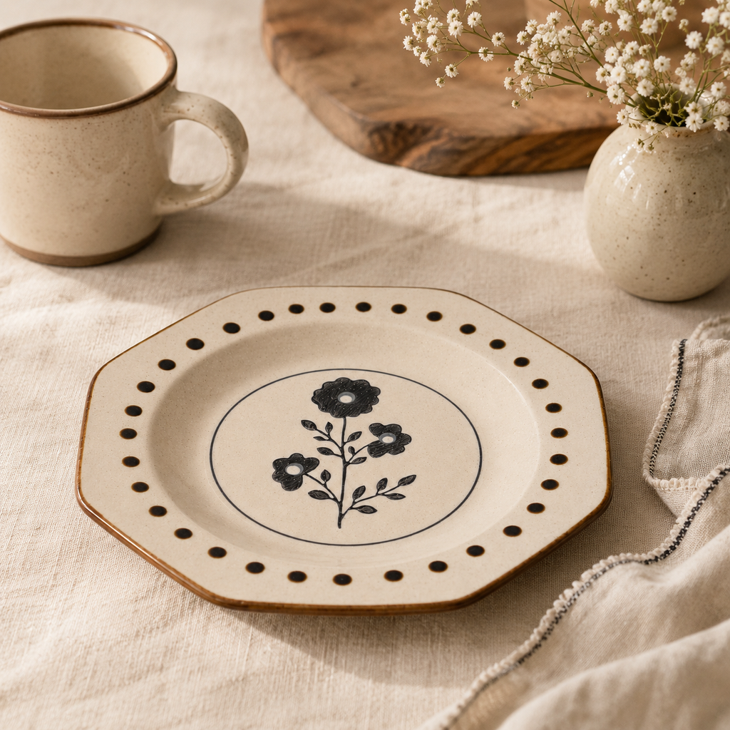 Black floral ceramic plate displayed in a warm neutral tabletop setting