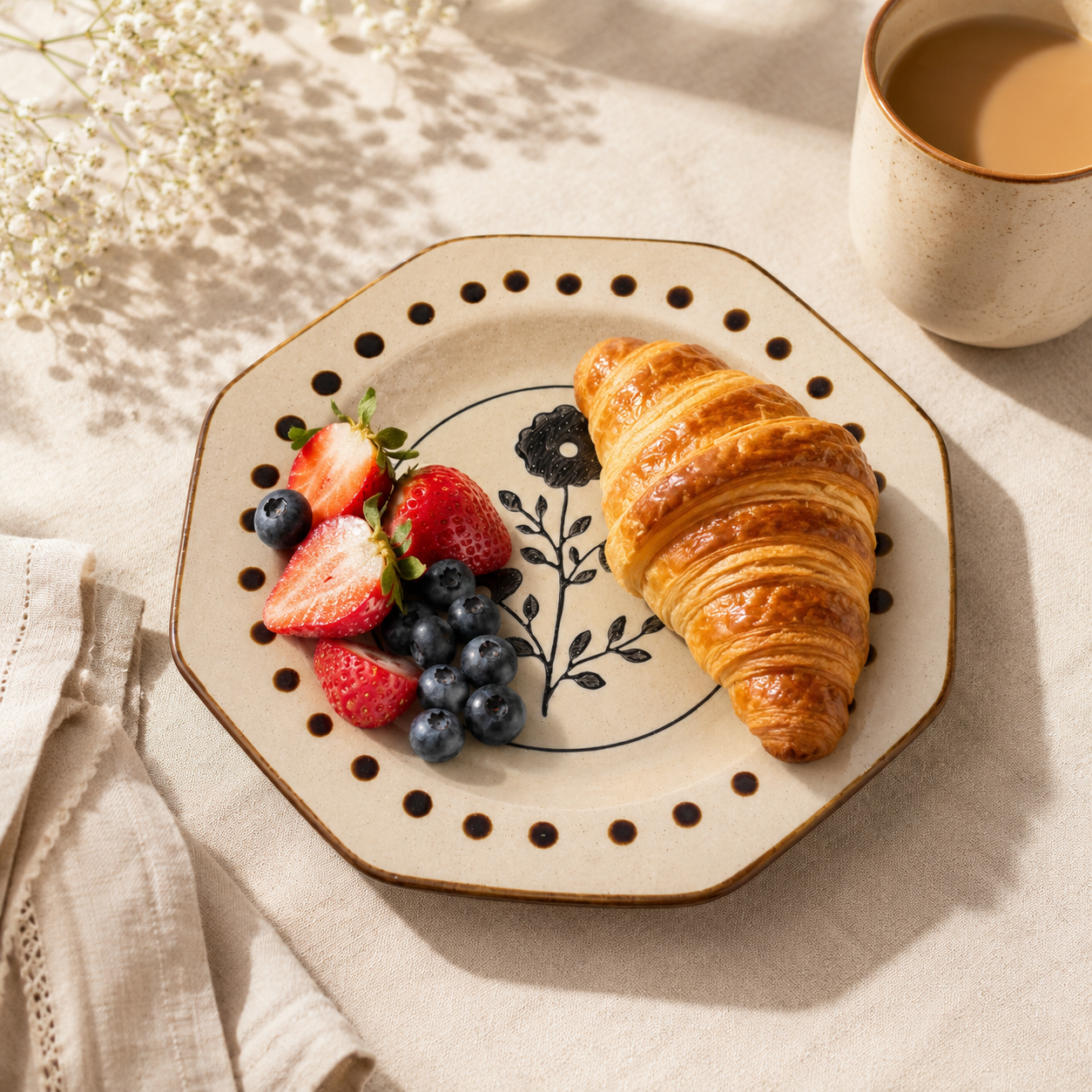 Black floral ceramic plate served with croissant, strawberries, and blueberries