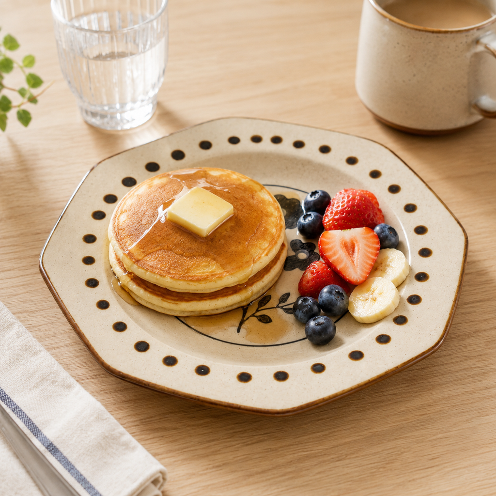 Black floral ceramic plate served with pancakes, strawberries, blueberries, and banana