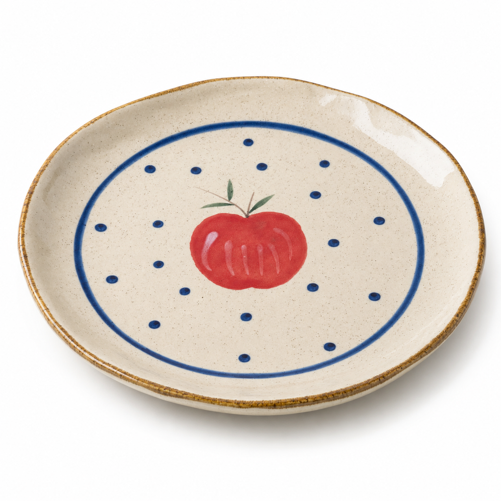 Apple ceramic dinner plate with red apple, blue dots, and speckled cream glaze