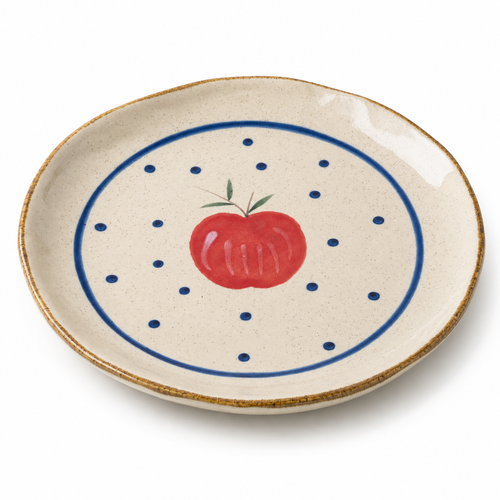 Apple ceramic dinner plate with red apple, blue dots, and speckled cream glaze