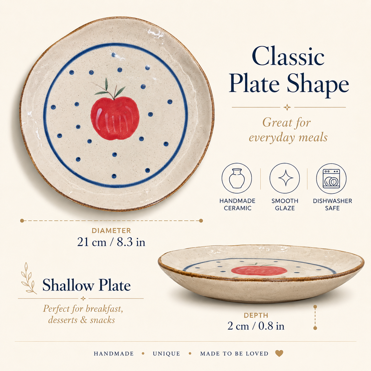 Apple ceramic plate shown with 21 cm diameter, 2 cm depth, and dishwasher-safe details