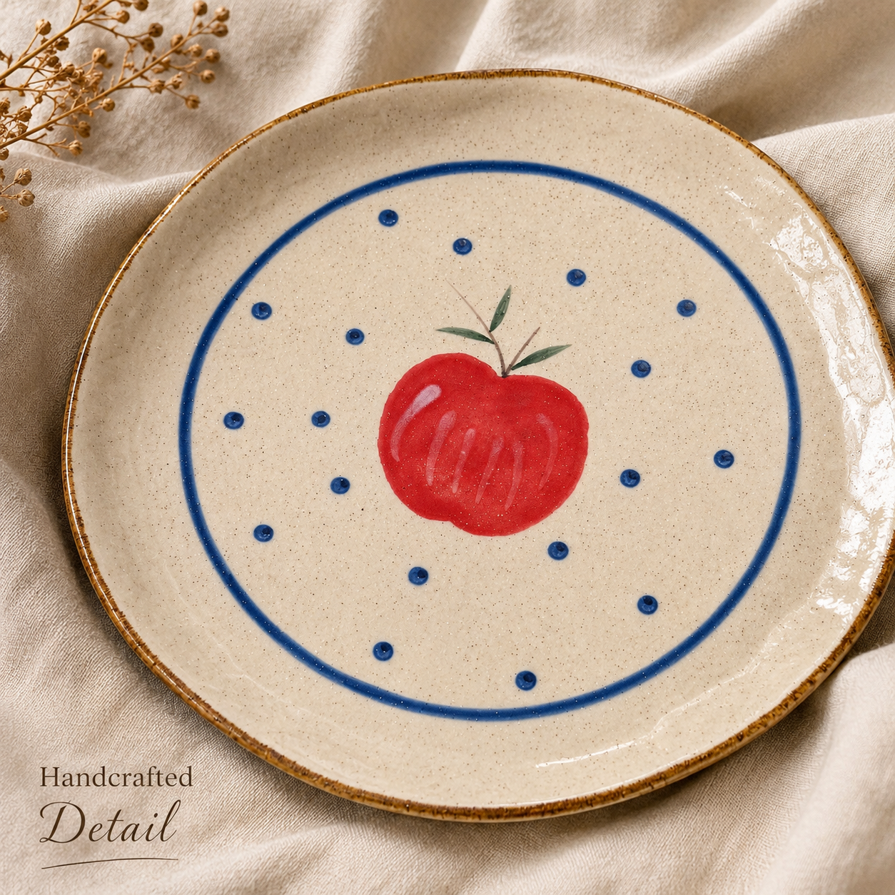 Close-up of red apple artwork, blue dots, speckled glaze, and brown rim on ceramic plate