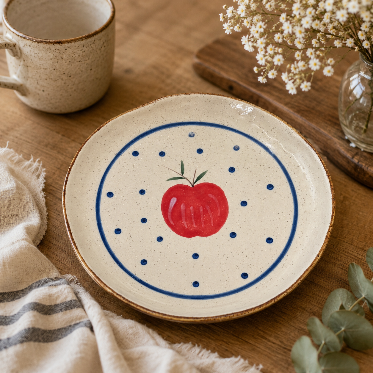 Apple ceramic dinner plate displayed in a warm rustic tabletop setting
