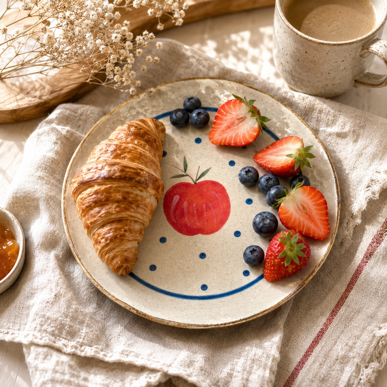 Apple ceramic plate served with croissant, strawberries, and blueberries