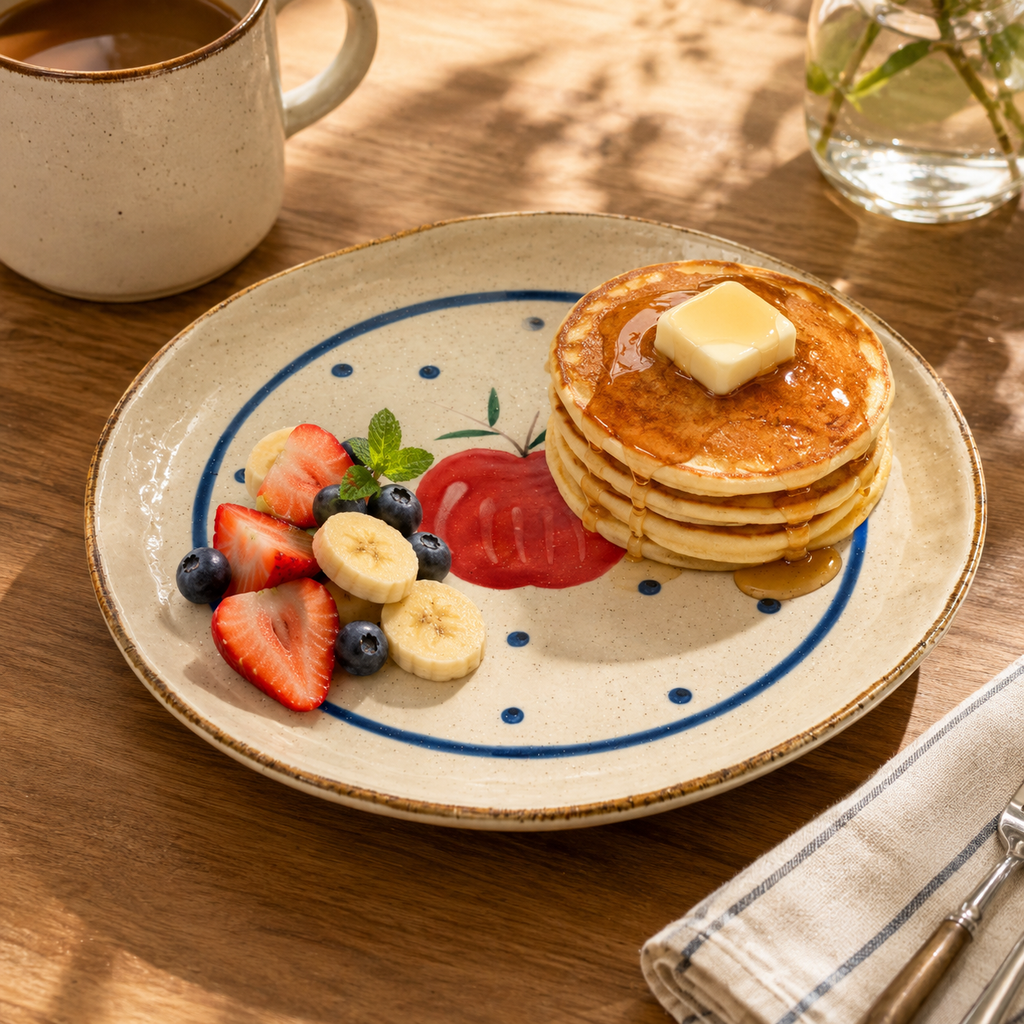 Apple ceramic dinner plate served with pancakes, strawberries, blueberries, and banana