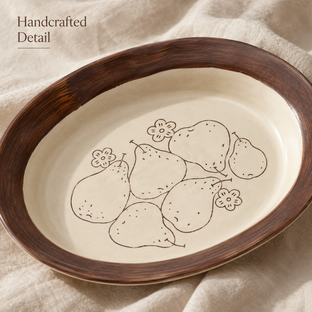 Close-up of pear ceramic plate with line-art pears, floral details, and wide brown rim
