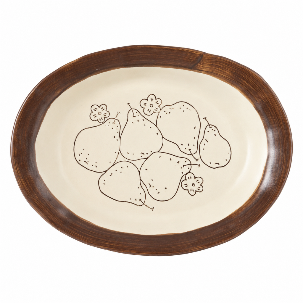 Handmade pear ceramic oval deep plate with wide dark brown rim and cream glaze