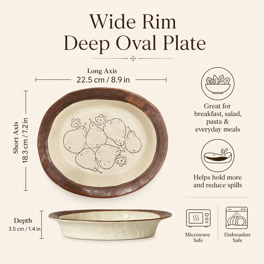 Pear ceramic oval plate shown with 22.5 by 18.3 cm size, 3.5 cm depth, and care details