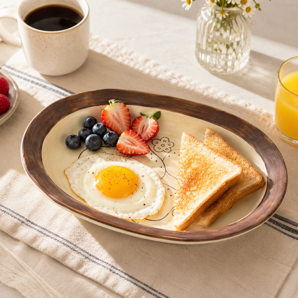 Pear ceramic oval plate served with fried egg, toast, strawberries, and blueberries