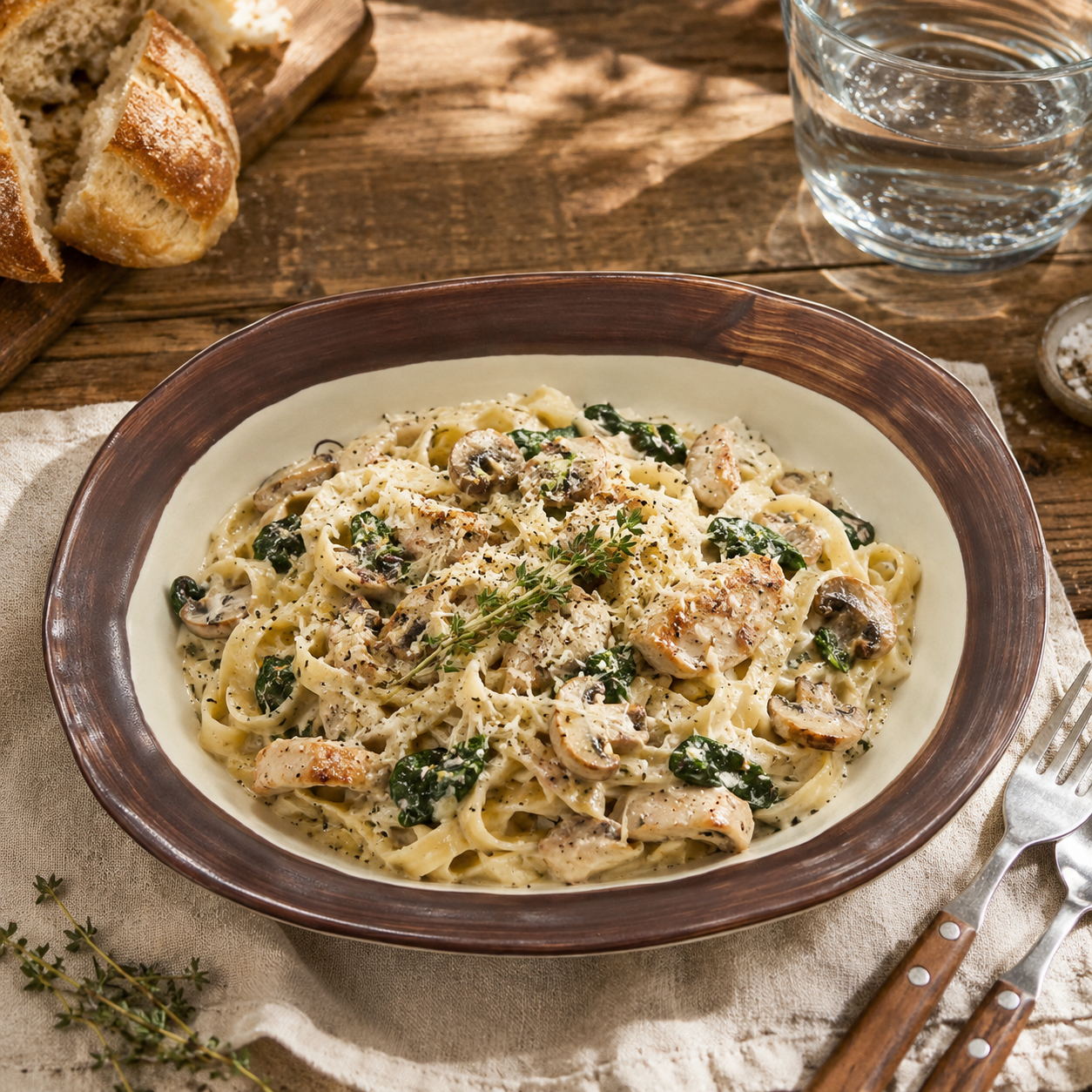 Pear ceramic oval deep plate served with creamy chicken pasta, mushrooms, and spinach