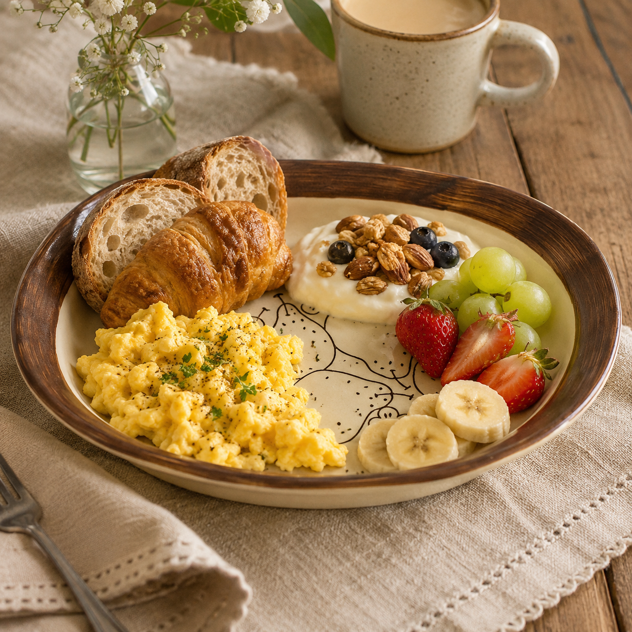 Pear ceramic plate served with scrambled eggs, croissant, yogurt, fruit, and bread