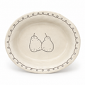 Handmade pear ceramic oval deep plate with cream glaze and brown loop border