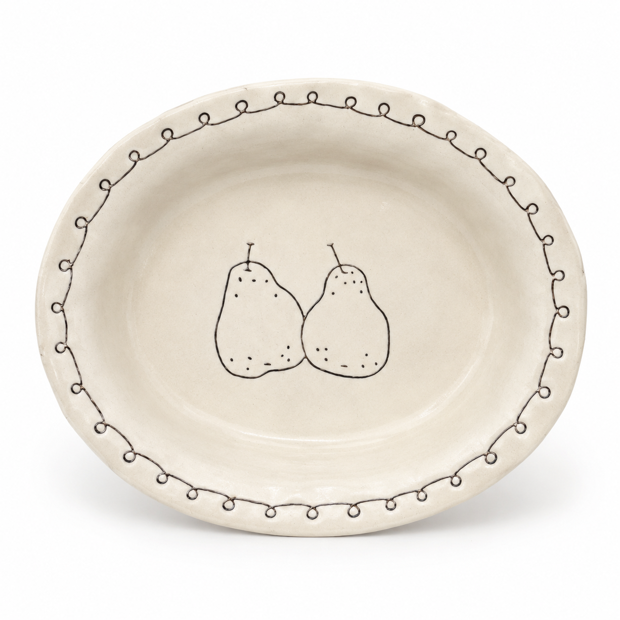 Handmade pear ceramic oval deep plate with cream glaze and brown loop border