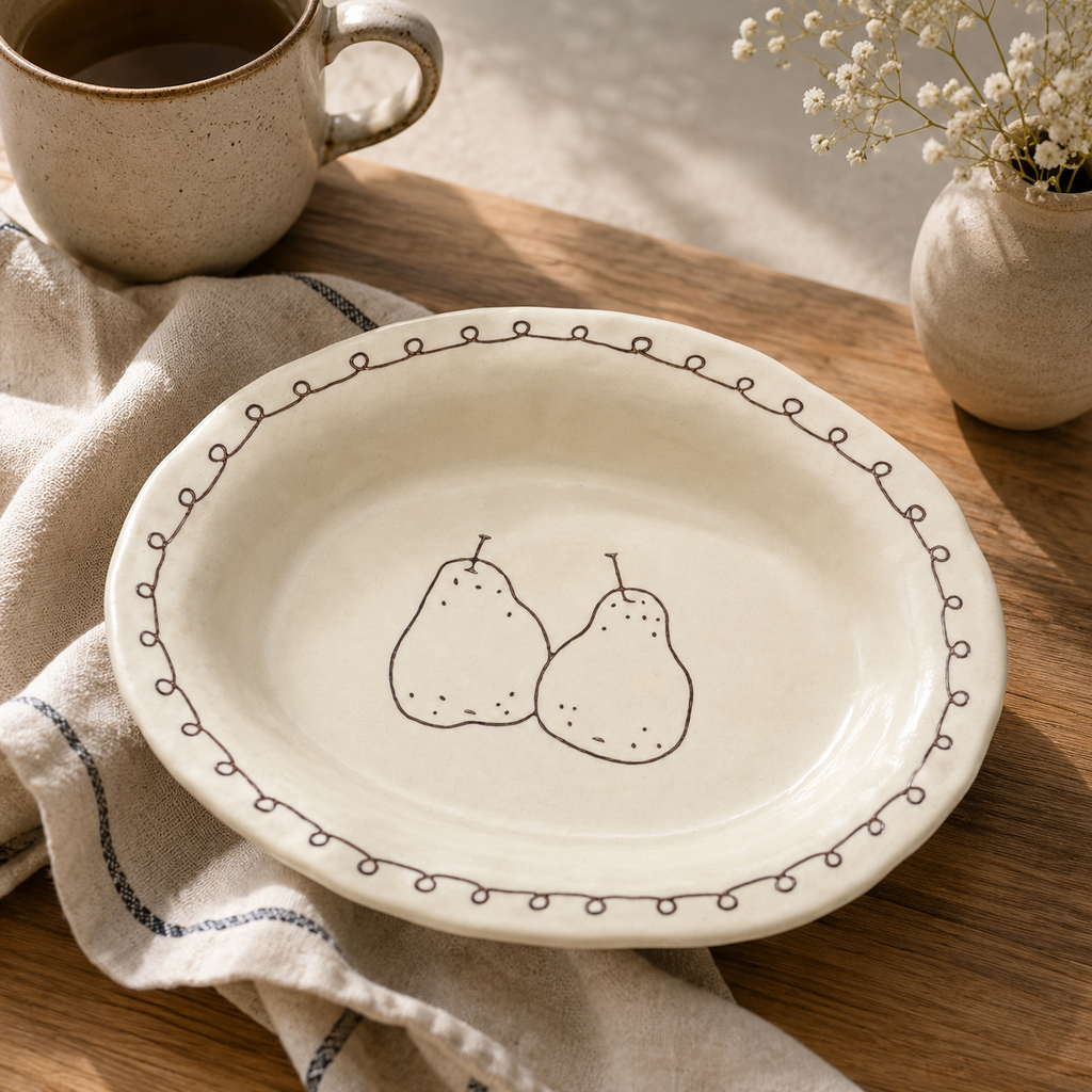 Pear ceramic oval deep plate displayed in a warm neutral tabletop setting