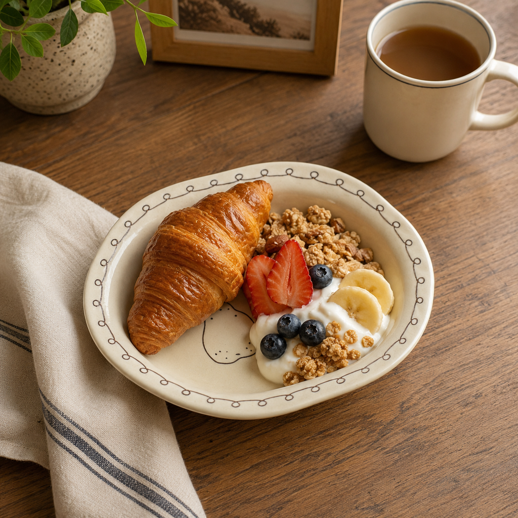 Pear ceramic plate served with croissant, yogurt, granola, strawberries, blueberries, and banana