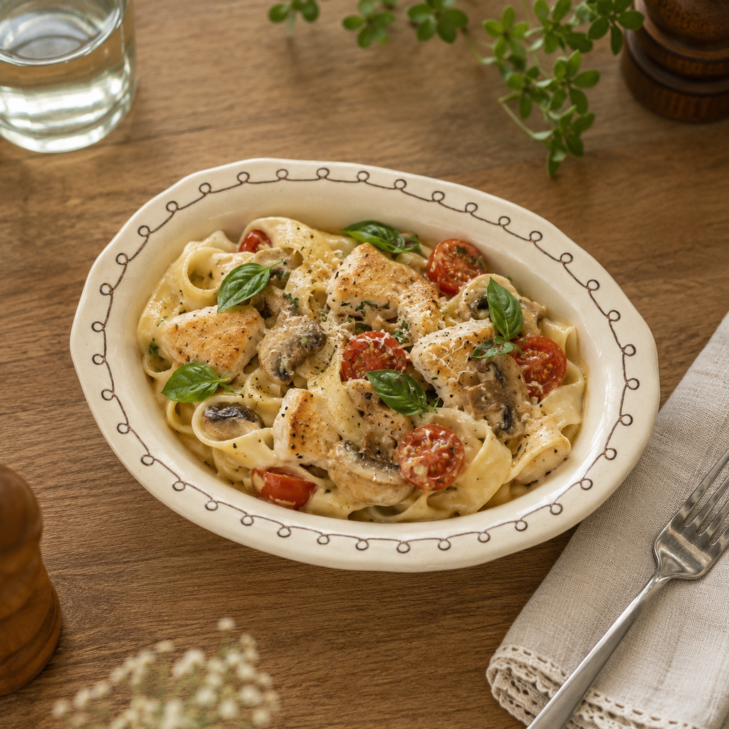 Pear ceramic oval deep plate served with creamy chicken pasta, mushrooms, and tomatoes